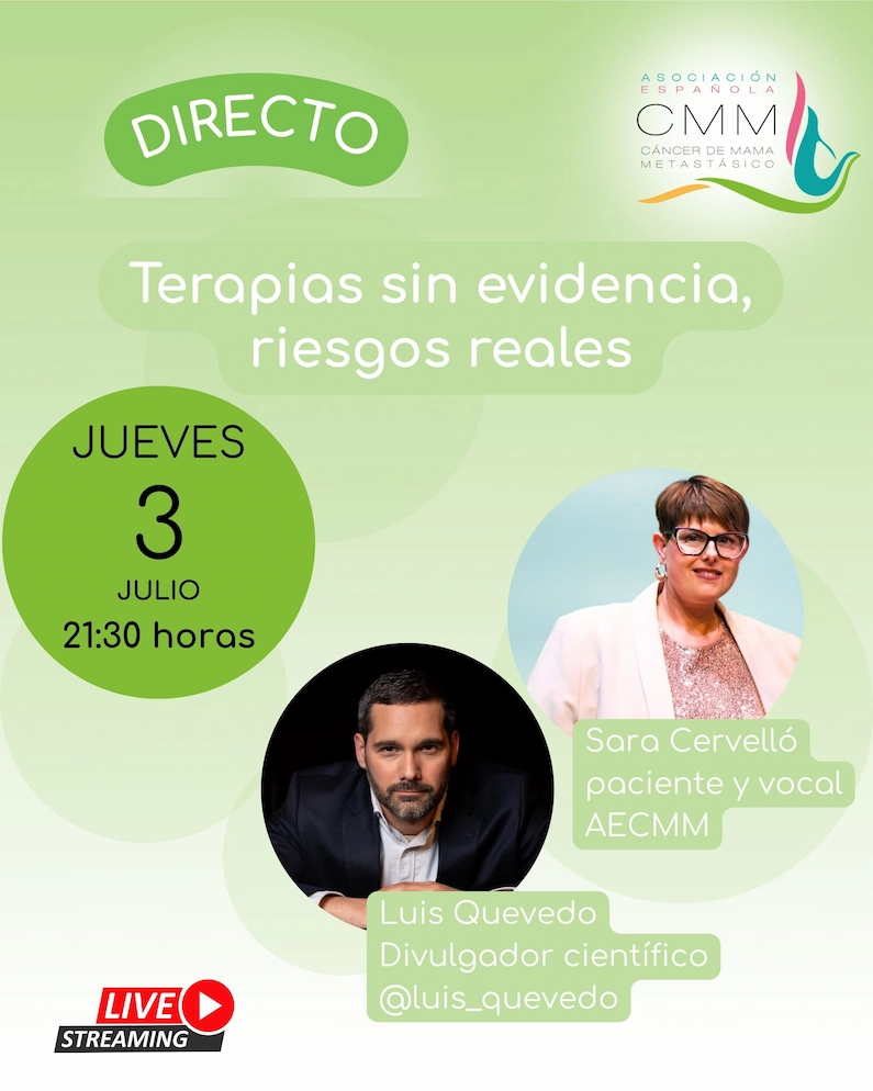 Cartel del directo "terapias sin evidencias, riesgos reales"
